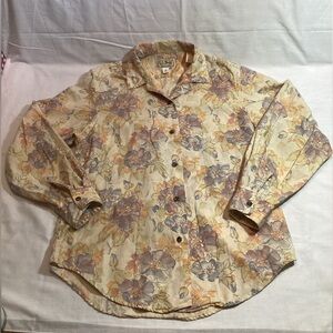 LL Bean Vintage Cream Floral Button Front Shirt Women's Size Large Made in USA